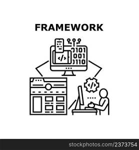 Framework Coding Vector Icon Concept. Framework Coding Programmer On Computer, Developing Software And Application Or Web Site. It Worker Writing Code On Pc Screen Black Illustration. Framework Coding Vector Concept Black Illustration