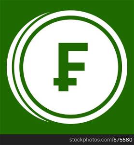 Franc coins icon white isolated on green background. Vector illustration. Franc coins icon green