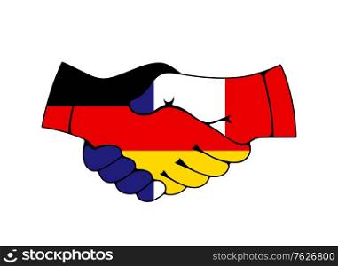France and Germany trade, cooperation handshake with flags. Vector icon of economics, partnership and relationship. Germany and France international treaty and business, politics and friendship. Germany and France trade, cooperation handshake