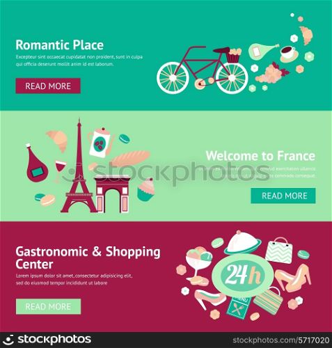 France banner set with romantic place welcome gastronomic and shopping center isolated vector illustration