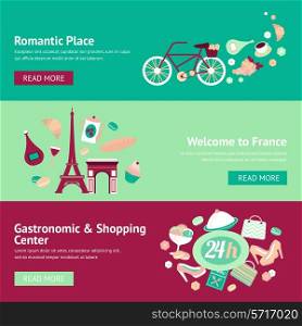 France banner set with romantic place welcome gastronomic and shopping center isolated vector illustration