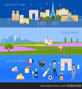 France Banners Set. France horizontal banners set with Paris symbols flat isolated vector illustration