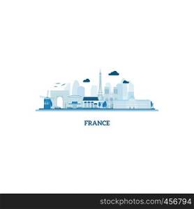 France cityscape silhouette in blue colors. Vector illustration. France cityscape silhouette in blue colors