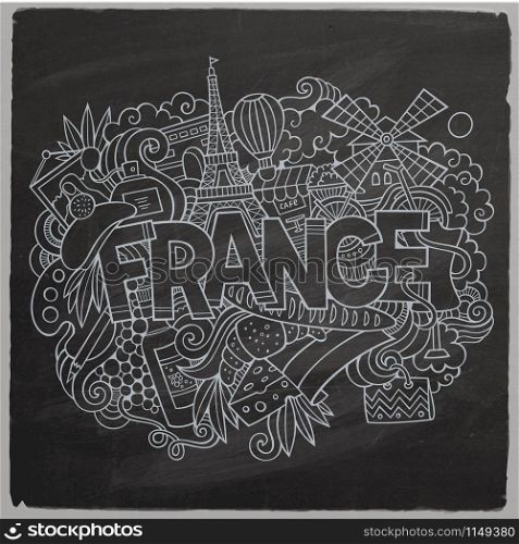 France country hand lettering and doodles elements and symbols background. Vector hand drawn chalkboard illustration. France country hand lettering and doodles elements