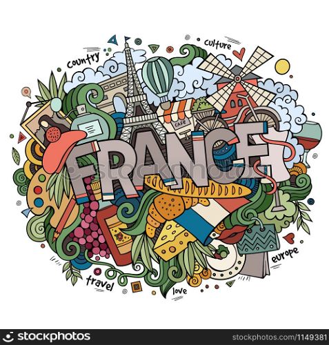 France country hand lettering and doodles elements and symbols background. Vector hand drawn illustration. France country hand lettering and doodles elements