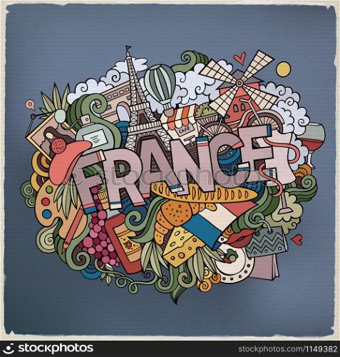 France country hand lettering and doodles elements and symbols background. Vector hand drawn illustration. France country hand lettering and doodles elements