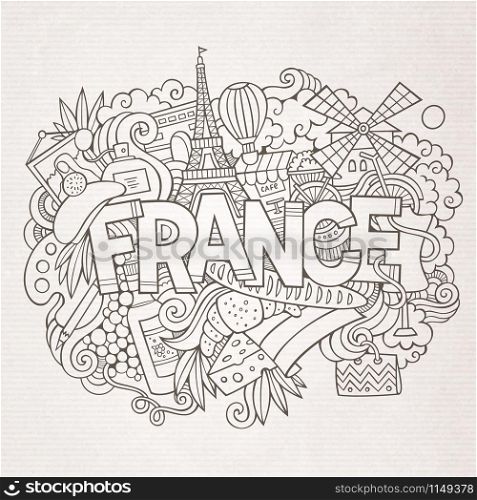 France country hand lettering and doodles elements and symbols background. Vector hand drawn sketchy illustration. France country hand lettering and doodles elements