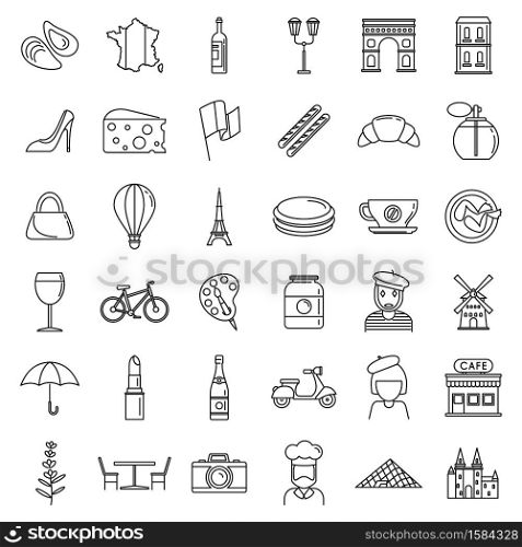 France country icons set. Outline set of France country vector icons for web design isolated on white background. France country icons set, outline style
