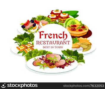 France cuisine, vector breton pancakes, cabbage stuffed with meat, quiche with tomatoes, sandwich croc madame, tuna salad with tomato, olives and eggs. French meals, food dishes round frame, poster. France cuisine, food vector round frame, poster