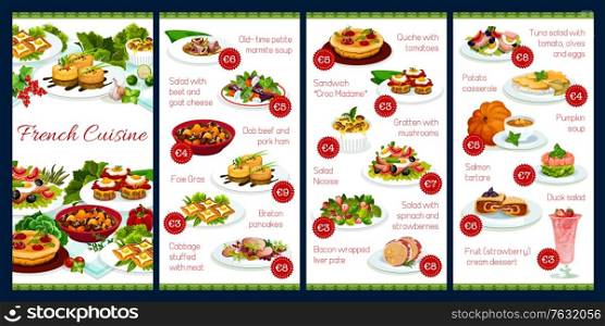 France cuisine vector menu template, French meals, dob beef and pork ham, foie grass, cabbage stuffed with meat, quiche with tomatoes, sandwich croc madame, gratten with mushrooms, food dishes menu. France cuisine vector menu template, French meals