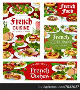France cuisine vector old time marmite soup, salad with beet and goat cheese, dob beef and pork ham, foie grass, cabbage stuffed with meat, quiche with tomatoes. French meals, food dishes posters set. France cuisine vector French meals, dishes posters