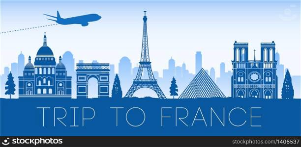 France famous landmark blue silhouette design,vector illustration