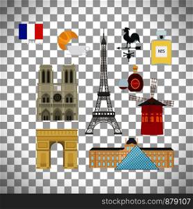 France flag and Paris landmarks flat icons set isolated on transparent background, vector illustration. France flag and Paris landmarks icons