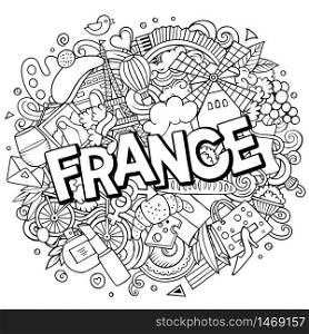 France hand drawn cartoon doodles illustration. Funny travel design. Creative art vector background. Handwritten text with French symbols, elements and objects.. France hand drawn cartoon doodles illustration. Funny travel design.