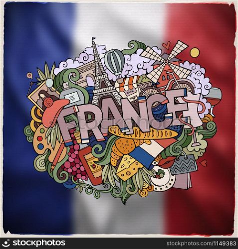 France hand lettering and doodles elements and symbols emblem. Vector blurred flag background. France hand lettering and doodles elements emblem