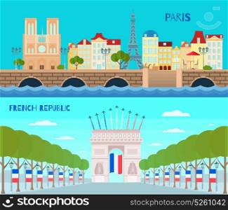 France Horizontal Banners Set. France horizontal banners set with French Republic symbols flat isolated vector illustration