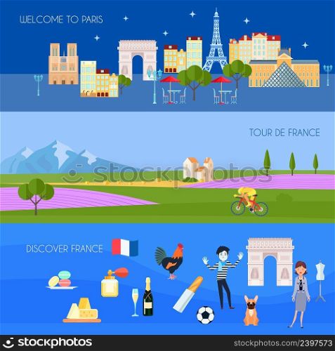 France horizontal banners set with Paris symbols flat isolated vector illustration. France Banners Set