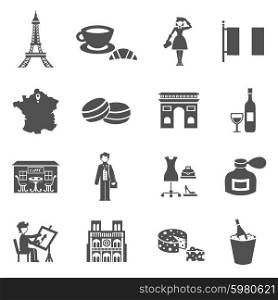 France icons black set with traditional culture symbols isolated vector illustration. France Icons Black