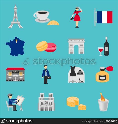 France icons flat set with wine coffee and cheese isolated vector illustration. France Icons Flat Set