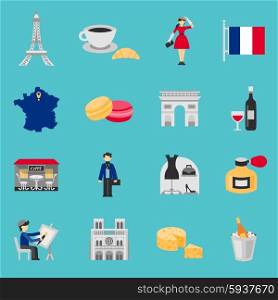 France icons flat set with wine coffee and cheese isolated vector illustration. France Icons Flat Set