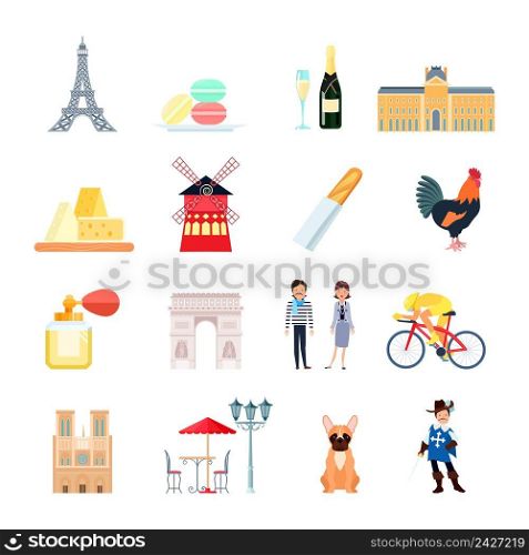 France icons set with travel and tourism symbols flat isolated vector illustration. France Icons Set