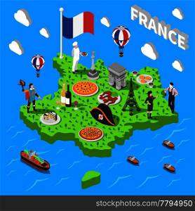 France isometric cultural sightseeing map for tourists with traditional national cuisine and landmarks symbols abstract vector illustration. France Isometric Sightseeing Map For Tourists