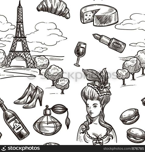 France landmarks and famous symbols sketch pattern background. Vector seamless Paris Eiffel Tower or cheese or wine and baguette or French perfume or fashion shoes for travel and tourism design. France landmarks and famous symbols sketch pattern background.