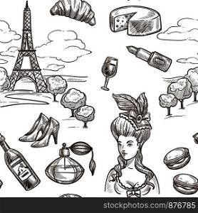 France landmarks and famous symbols sketch pattern background. Vector seamless Paris Eiffel Tower or cheese or wine and baguette or French perfume or fashion shoes for travel and tourism design. France landmarks and famous symbols sketch pattern background.