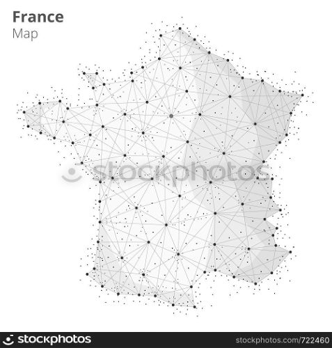France map illustration in blockchain technology network style on white background. Block chain polygon peer to peer network connected lines technique. Cryptocurrency fintech business concept. France map in blockchain technology network style.