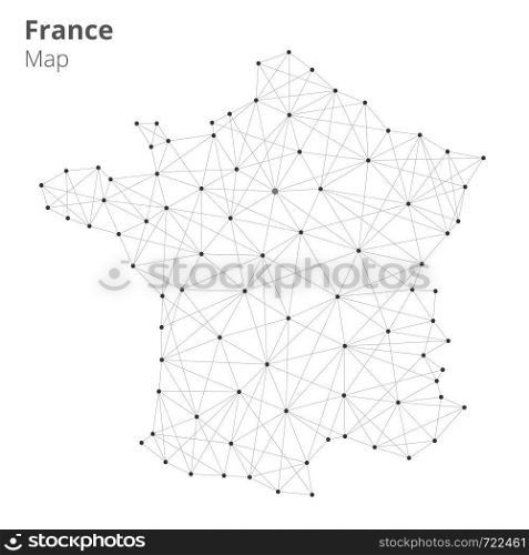 France map illustration in blockchain technology network style on white background. Block chain polygon peer to peer network connected lines technique. Cryptocurrency fintech business concept. France map in blockchain technology network style.