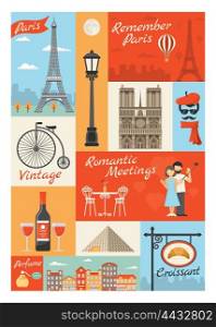 France Paris Vintage Style Icons Set. France paris vintage style icons set with louvre streetlight perfume croissant actor eiffel tower isolated vector illustration