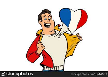 France patriot man isolated on white background. Comic cartoon style pop art illustration vector retro. France patriot man isolated on white background