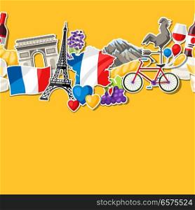 France seamless pattern. French traditional sticker symbols and objects.. France seamless pattern.