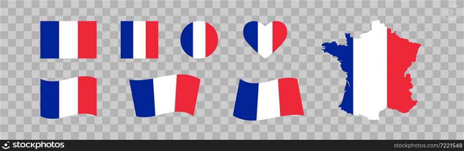 France set national flag and map icons. French Republic isolated vector on transparent background EPS10
