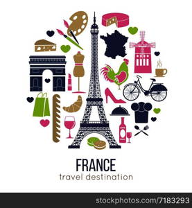 France sightseeing landmarks and famous vector travel attractions poster. Vector icons of French map and flag, Eiffel Tower and baguette, Paris Triumphal arch, Louvre and cheese or fashion perfume. France sightseeing landmarks and famous vector travel attractions poster.