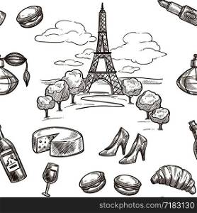 France sketch pattern background. Vector seamless design of Paris Eiffel Tower or cheese or wine and baguette or French woman hairstyle with perfume or fashion shoes. France sketch pattern background. Vector seamless design of Paris Eiffel Tower