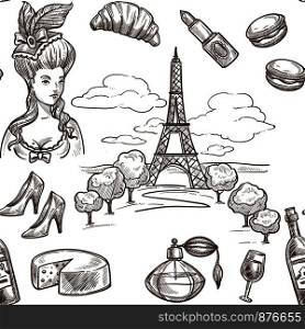France sketch pattern background. Vector seamless design of Paris Eiffel Tower or cheese or wine and baguette or French woman hairstyle with perfume or fashion shoes. France sketch vector seamless pattern background
