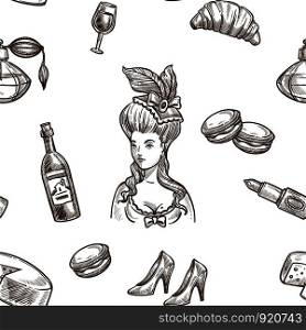 France sketch pattern background. Vector seamless design of Paris Eiffel Tower or cheese or wine and baguette or French woman hairstyle with perfume or fashion shoes. France sketch pattern background. Vector seamless design of Paris Eiffel Tower