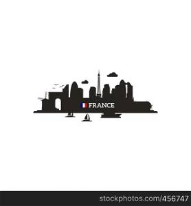France skyline silhouette with name of country and flag. Vector illustration. France skyline silhouette