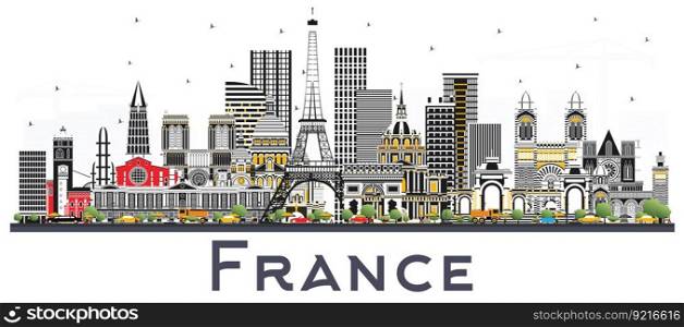 France Skyline with Gray Buildings Isolated on White. Vector Illustration. Tourism Concept with Historic Architecture. France Cityscape with Landmarks. Toulouse. Paris. Lyon. Marseille.