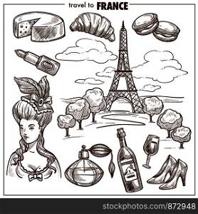 France tourism travel landmark sketch symbols and culture tourist attractions. Paris Eiffel Tower or cheese or wine and baguette or French perfume or fashion shoes vector isolated icons. France travel landmark vector sketch symbols