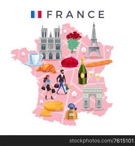 France travel concept with flag map and sights flat vector illustration