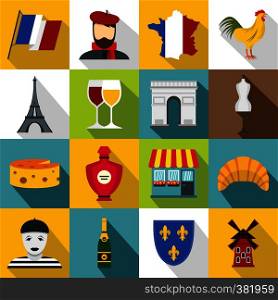 France travel icons set. Flat illustration of 16 France travel vector icons for web. France travel icons set, flat style
