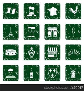 France travel icons set in grunge style green isolated vector illustration. France travel icons set grunge