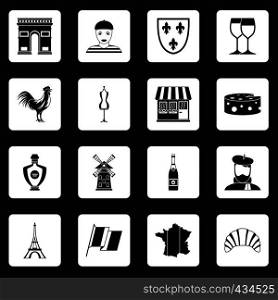 France travel icons set in white squares on black background simple style vector illustration. France travel icons set squares vector