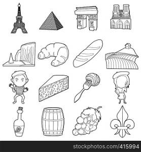 France travel icons set. Outline illustration of 16 France travel vector icons for web. France travel icons set, outline style