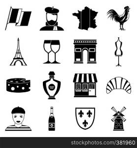 France travel icons set. Simple illustration of 16 France travel vector icons for web. France travel icons set, simple style