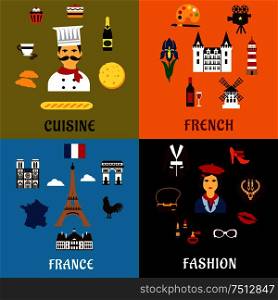 France travel, tourism, journey and landscape flat icons with french culture, architecture, history, fashion, cuisine and national symbols