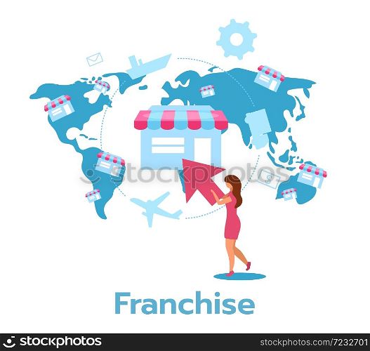 Franchise flat vector illustration. Distribution of products and services. Manufacturer, distributor, retailer. Business model. Chain store. Isolated cartoon character on white background. Franchise flat vector illustration