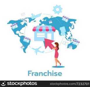Franchise flat vector illustration. Distribution of products and services. Manufacturer, distributor, retailer. Business model. Chain store. Isolated cartoon character on white background. Franchise flat vector illustration